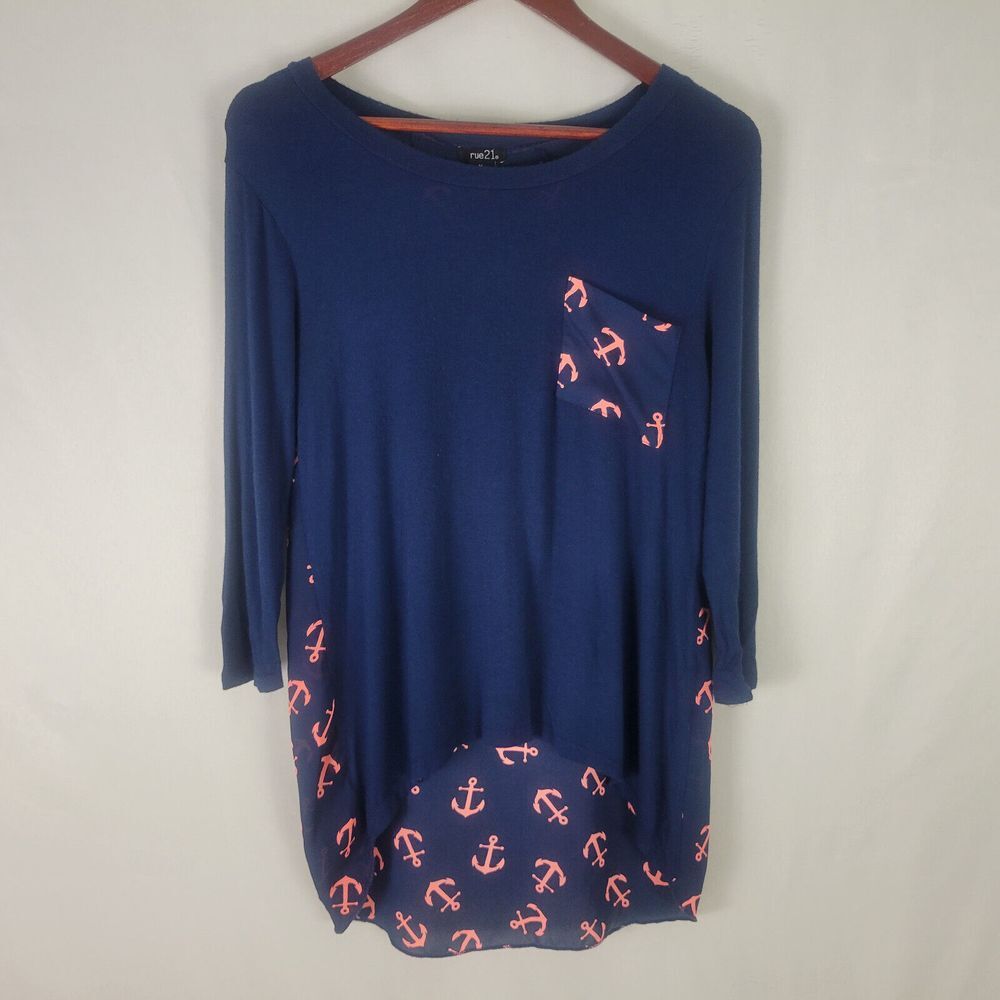 Rue21 Shirt Womens Medium Blue High Low Tunic Top Naval Anchor Pocket Round Neck